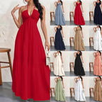 Backless Halter Neck A-Line Maxi Dress With Pleated Skirt For Beach Vacation