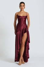 Women's Backless Ruffle Maxi Dress High Waist Split Evening Party