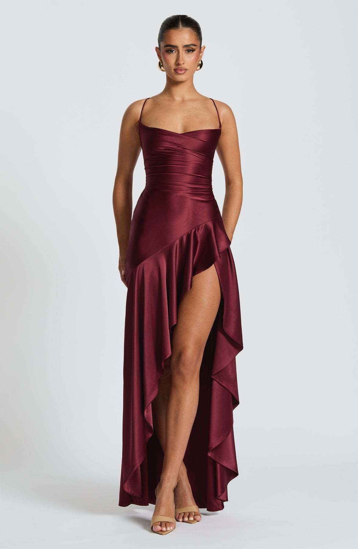 Women's Backless Ruffle Maxi Dress High Waist Split Evening Party