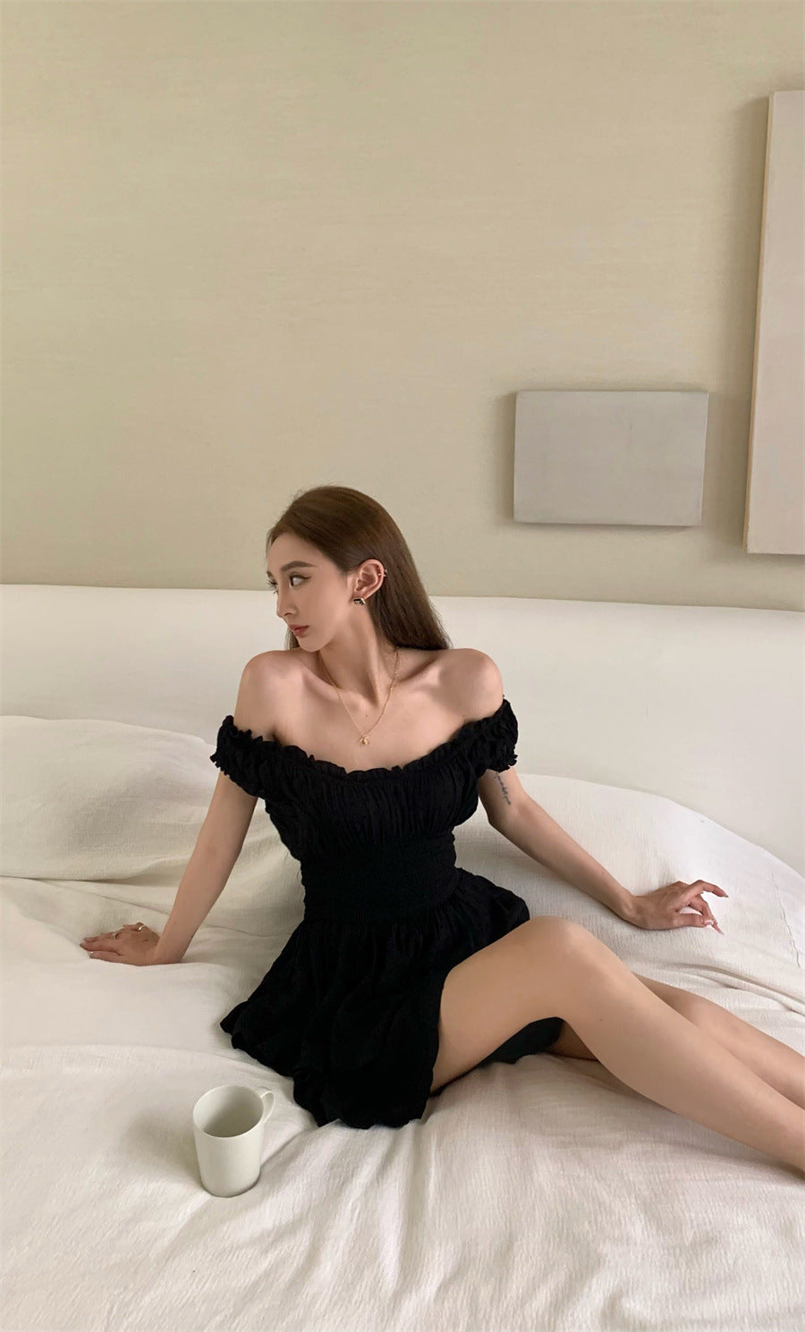 Sweet Spicy Cotton Dress With Collar Flounced Skirt And Ruffle Detail