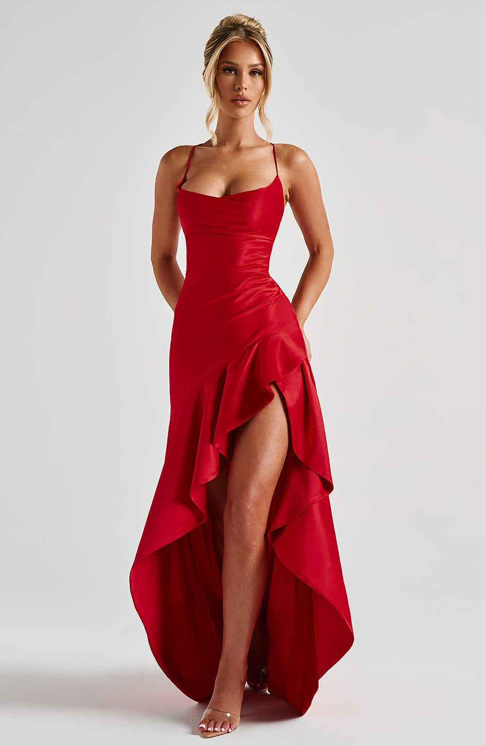 Women's Backless Ruffle Maxi Dress High Waist Split Evening Party