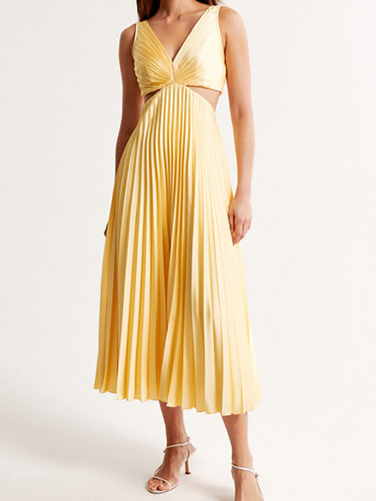 Women's V-Neck Backless Pleated Long Dress - Hollow Waist Design