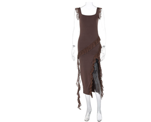 Ruffle Thigh High Split Suspender Dress With Spaghetti Straps