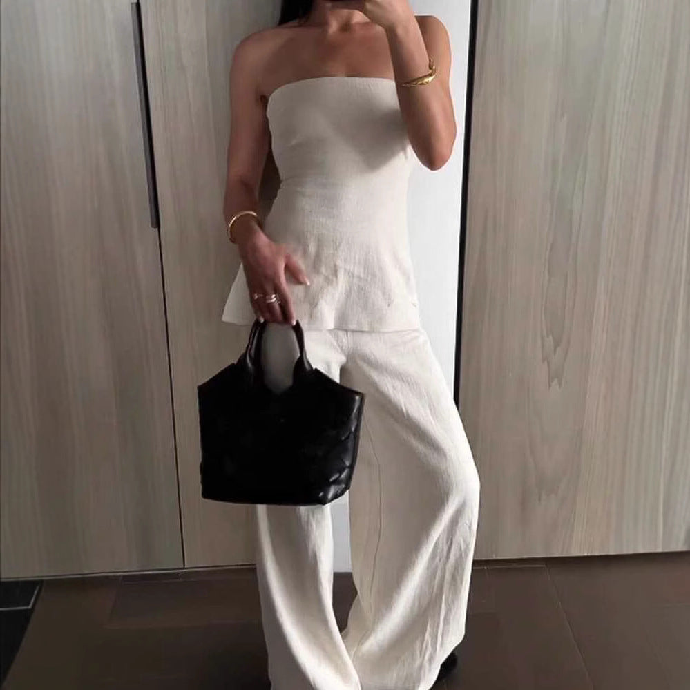 Two Piece Tube Top And Tailored Pants Set In Solid Polyester With Elevating Silhouette