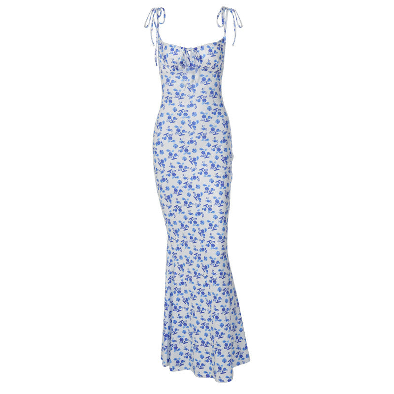 Women's Floral Print V-Neck Backless Fishtail Maxi Dress