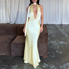 Yellow Halter Long Dress Mid Waist Sleeveless