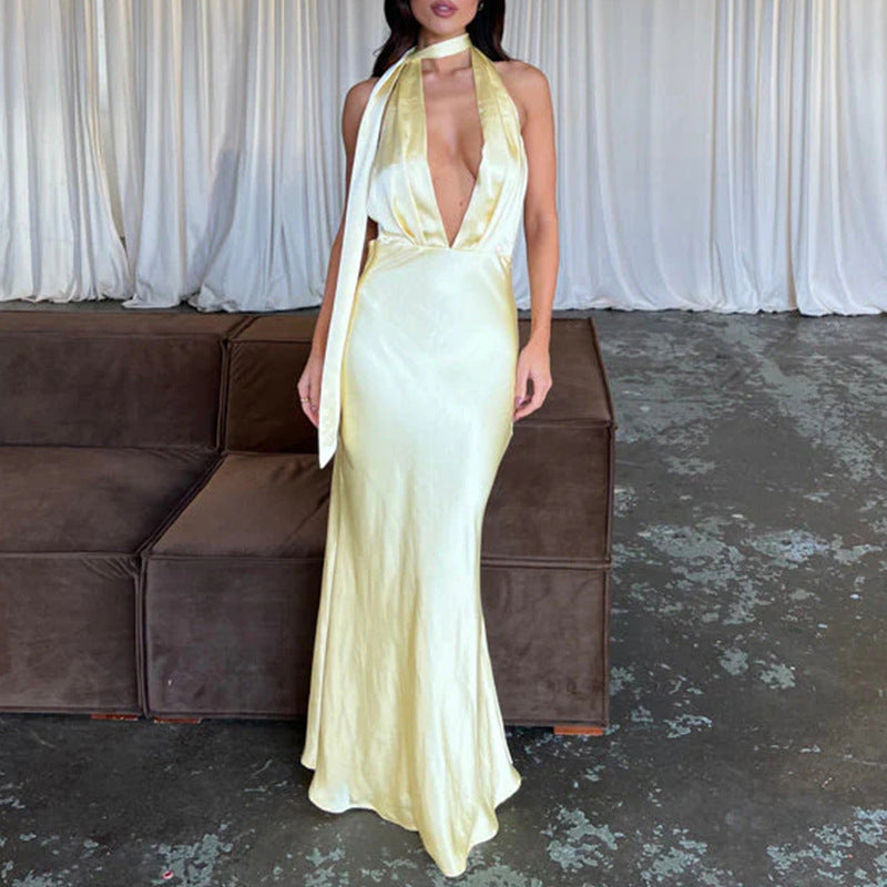 Yellow Halter Long Dress Mid Waist Sleeveless
