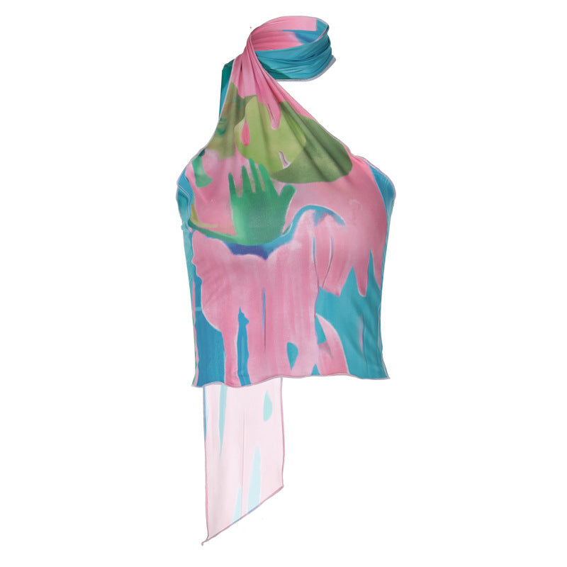 Colorful Halter Backless Top With 3D Printed Pattern