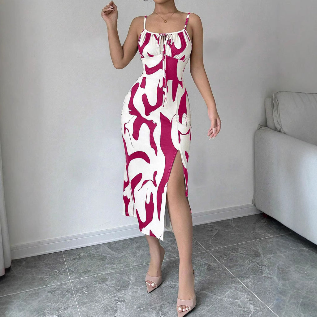 Summer Printed Mid-Length Split Dress High Waist Slim Fit