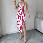 Summer Printed Mid-Length Split Dress High Waist Slim Fit