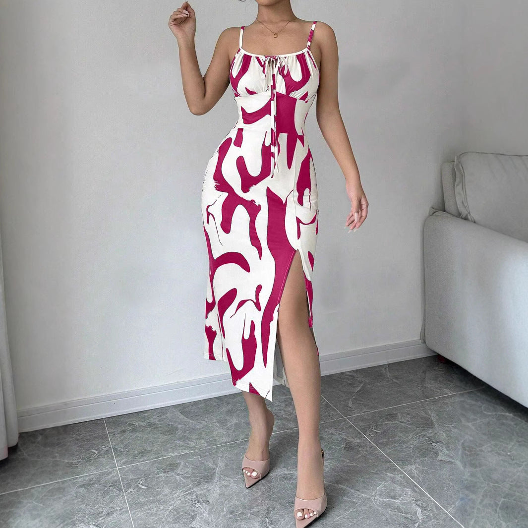 Summer Printed Mid-Length Split Dress High Waist Slim Fit
