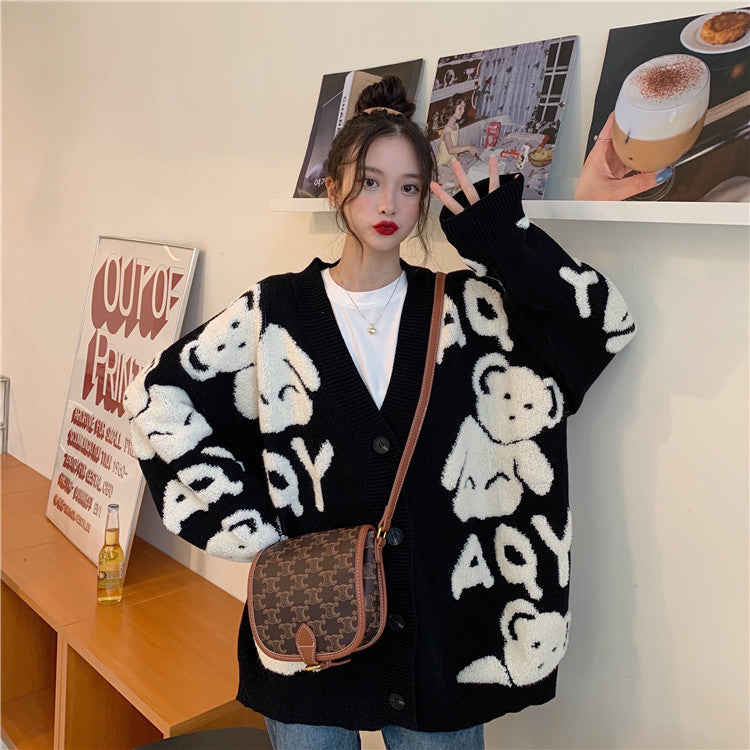 Cozy Winter Bear Print Top For Ladies Loose Fit V-Neck