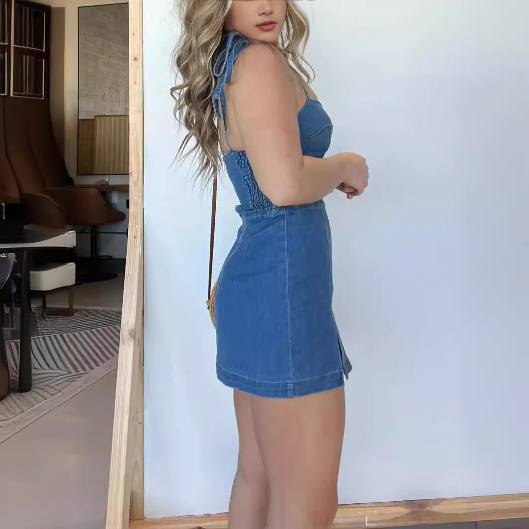 Slim Denim Dress With Back Zipper Design