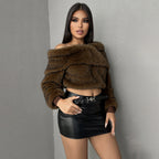 Cozy Brown Off Shoulder Plush Sweater
