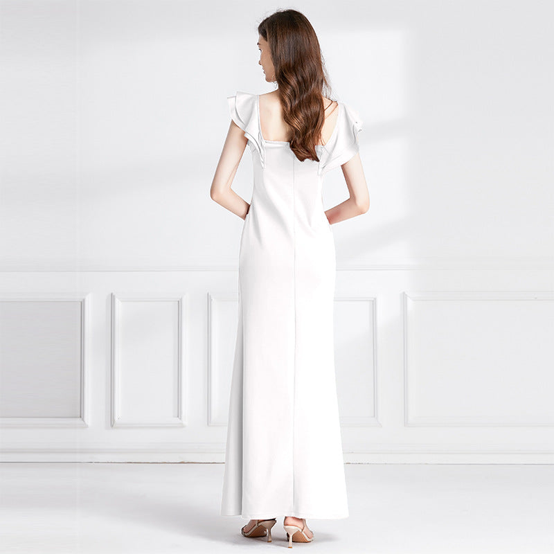 Milky White Off Shoulder Dress With Ruffled Sleeves Long Skirt