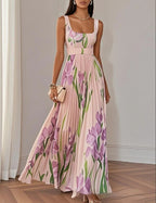 Floral Print Pleated A-Line Sleeveless Midi Dresses