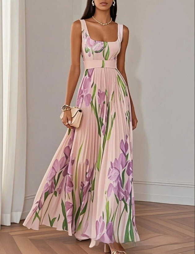 Floral Print Pleated A-Line Sleeveless Midi Dresses