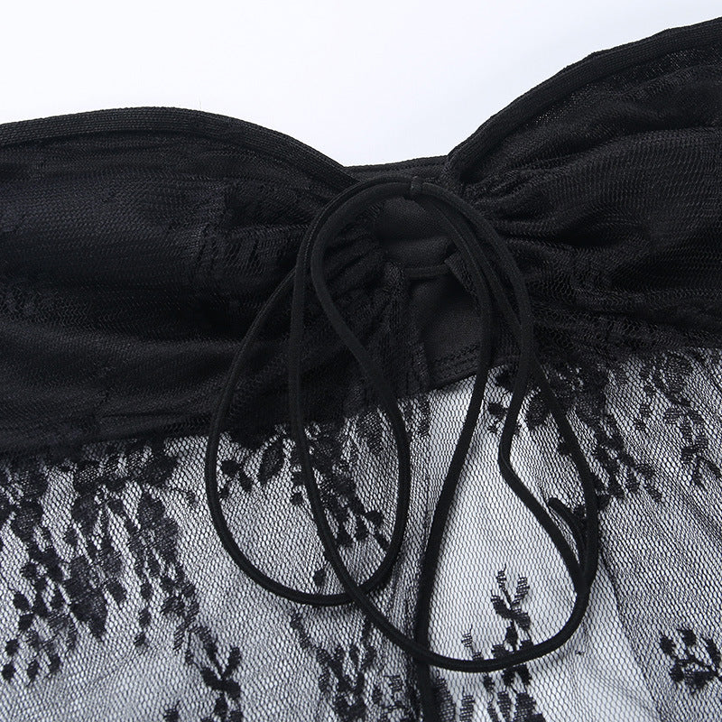 Sheer Knitted Tube Top With Lace And Hollowout Details