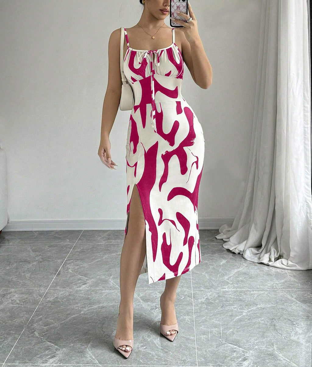 Summer Printed Mid-Length Split Dress High Waist Slim Fit