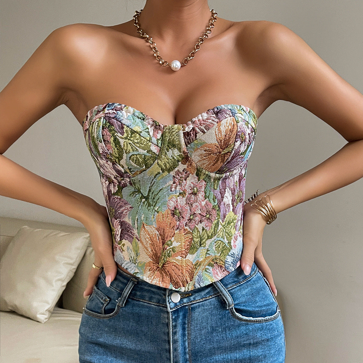 Floral Print Tube Top With Back Tie Cropped Lace Corset Tank