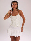 White V Neck Sequin Top With Dual Shoulder Straps Elegant