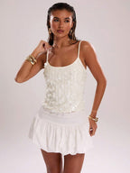 White V Neck Sequin Top With Dual Shoulder Straps Elegant