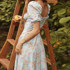 Puff Sleeve Floral Dress With Square Collar And High Waist