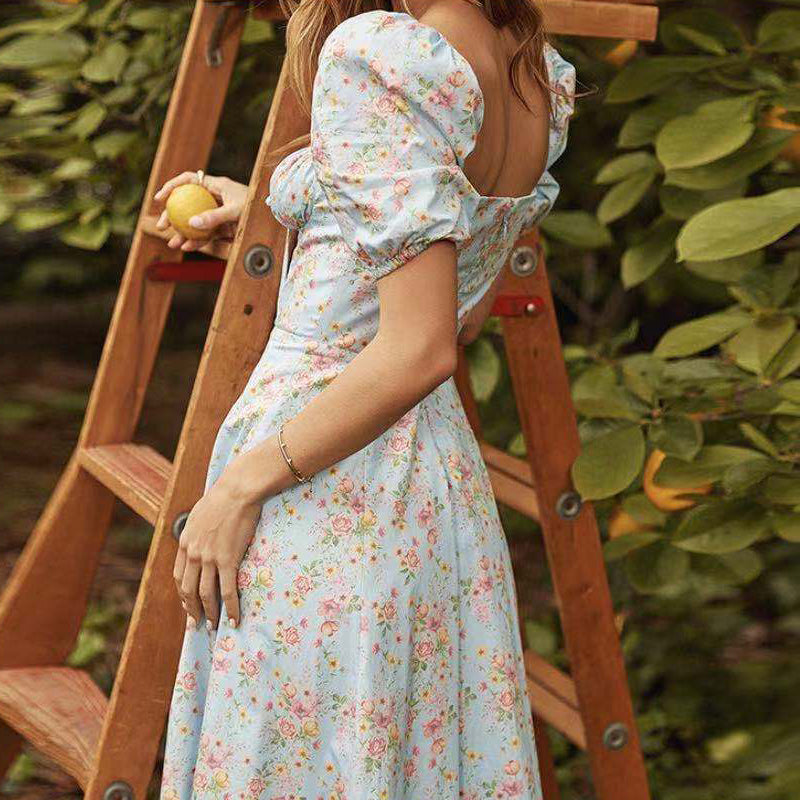 Puff Sleeve Floral Dress With Square Collar And High Waist