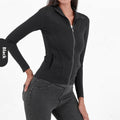 Slim Zippered Denim Yoga Jacket With Pockets High Collar For Women