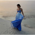 Chic Gradient Blue Sleeveless Dress With Wide Waist