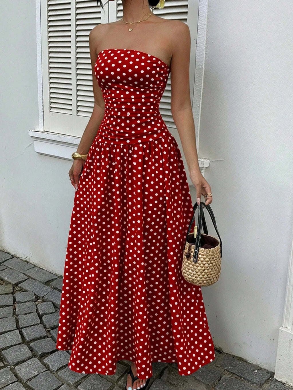 Elegant Polka-dot Off-shoulder High-waist Strapless Dress