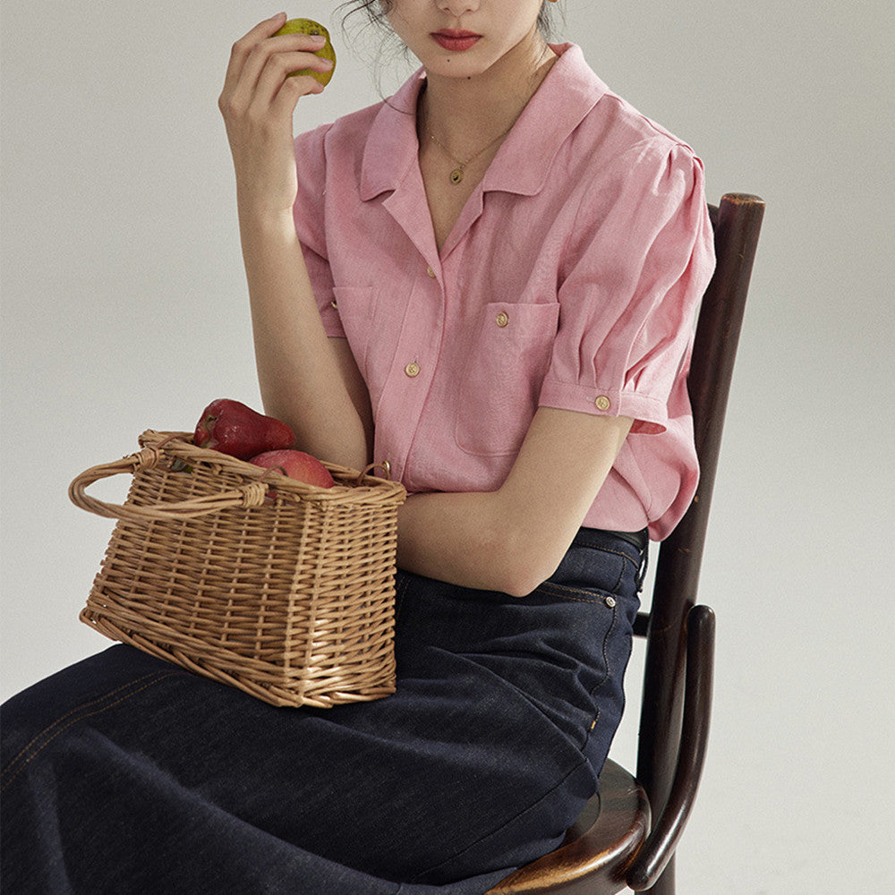 Vintage Puff Short Sleeve White Shirt Top With Lapel Collar Contrasting Stitching And Retro Charm