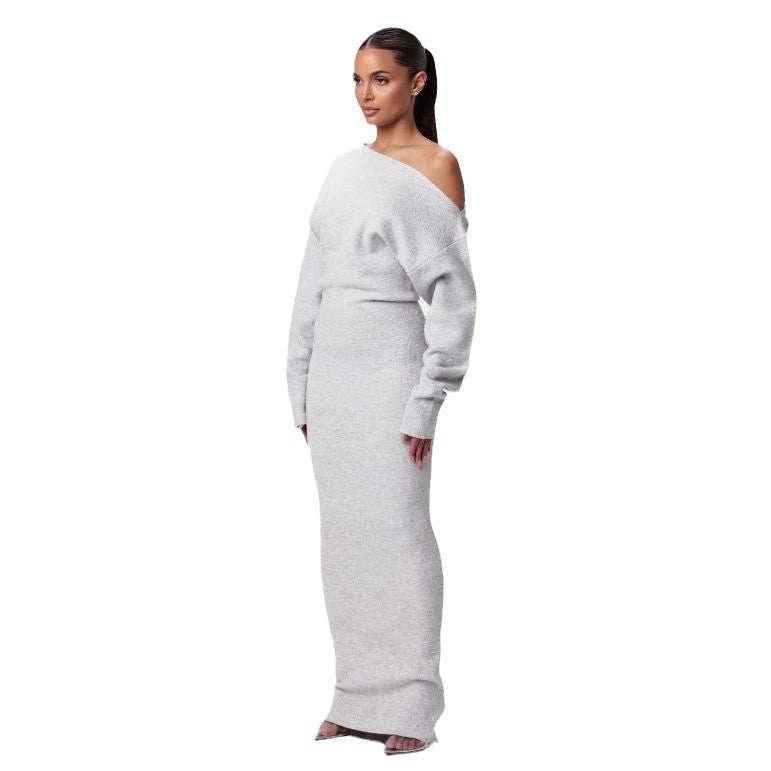 Slim Off-Shoulder Knitted Bodycon Long Sleeve Maxi Dress