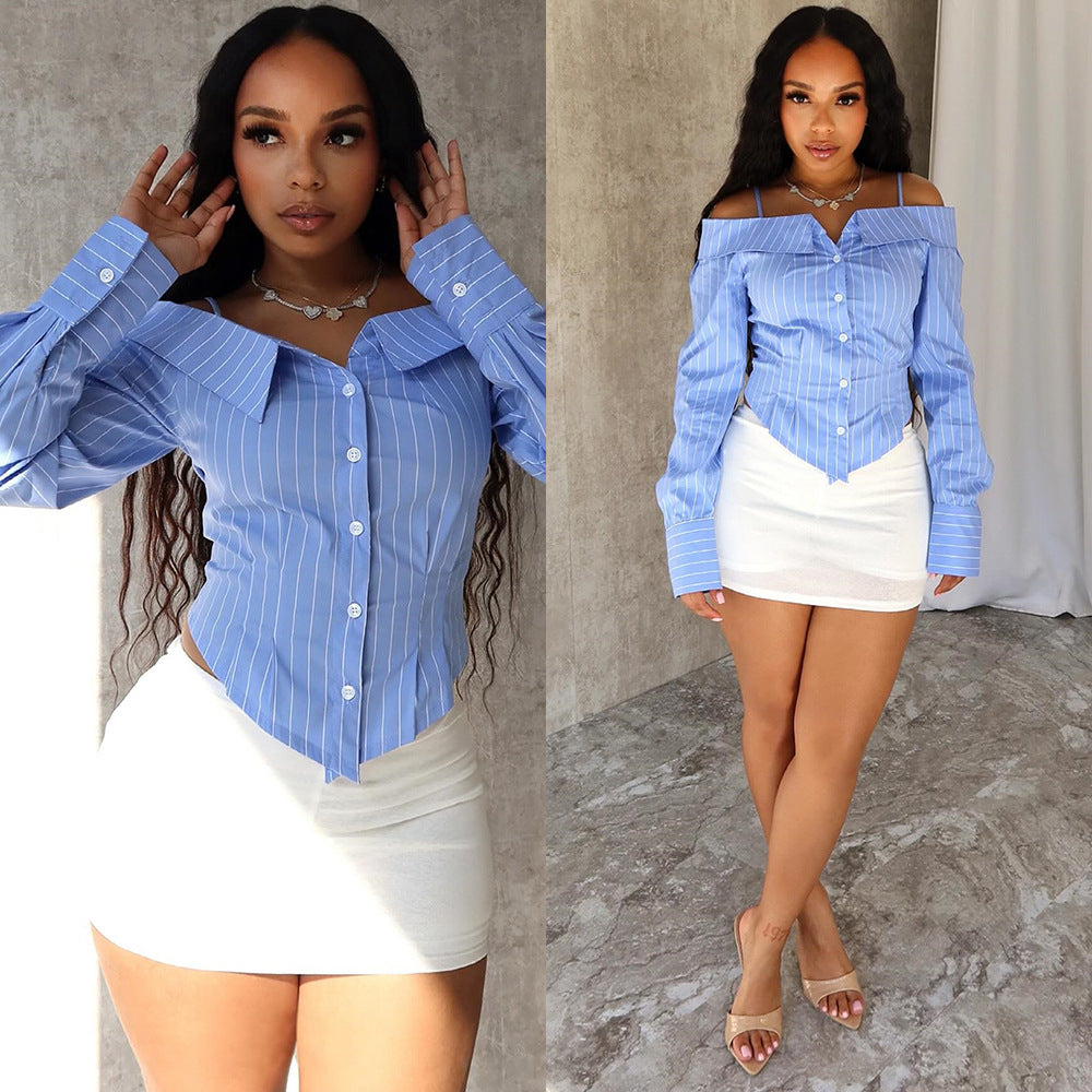 Blue Striped Cinched Long Sleeve Off Shoulder Top For Chic Street Style
