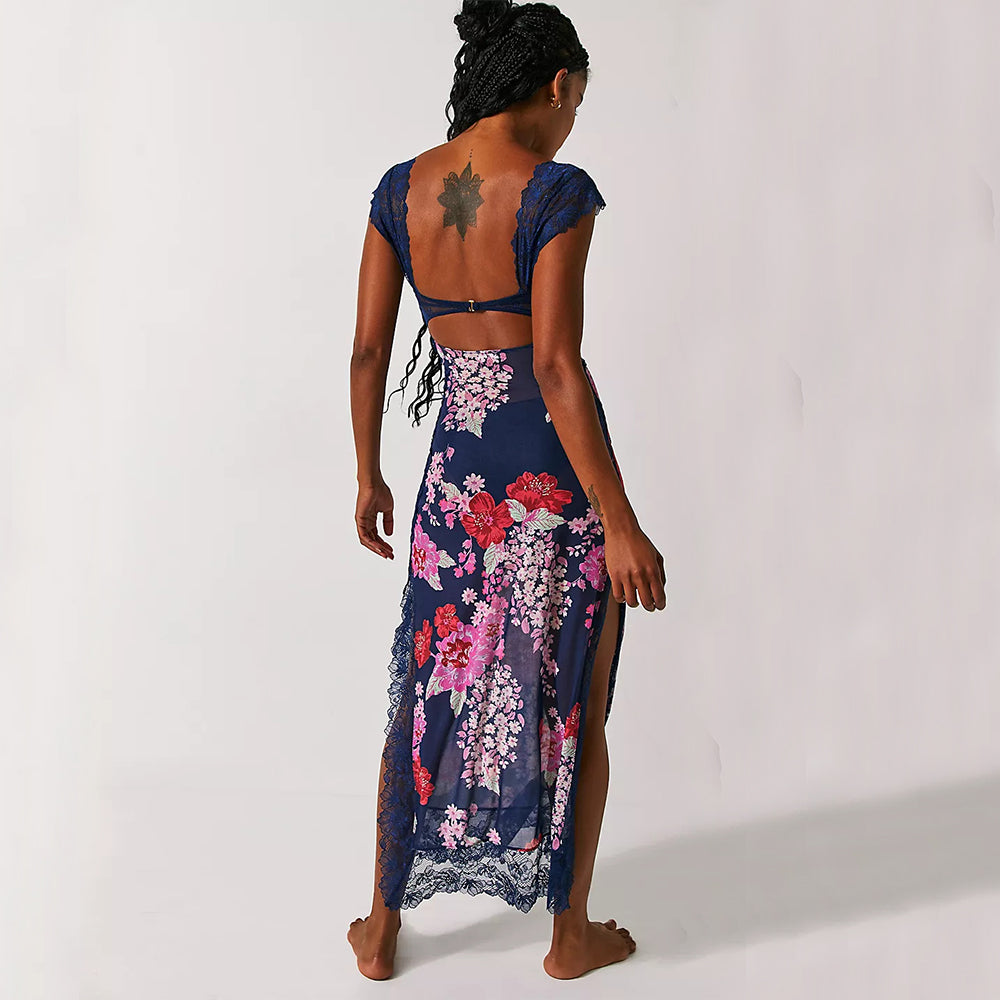 Women's V-Neck Lace Floral Print Midi Dress