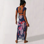 Women's V-Neck Lace Floral Print Midi Dress
