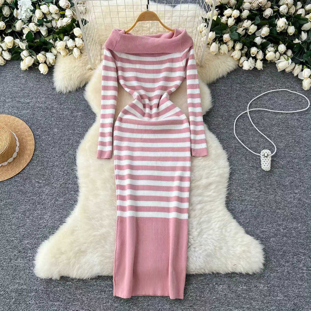 Elegant Slim-fit Sheath Stripes Knitted Dress