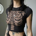 Retro Skeleton Print Top For Women Dark Round Neck Short Sleeve Slim Fit