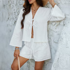 Lace Up Bell Sleeve Two Piece Shorts Suit In Polyester