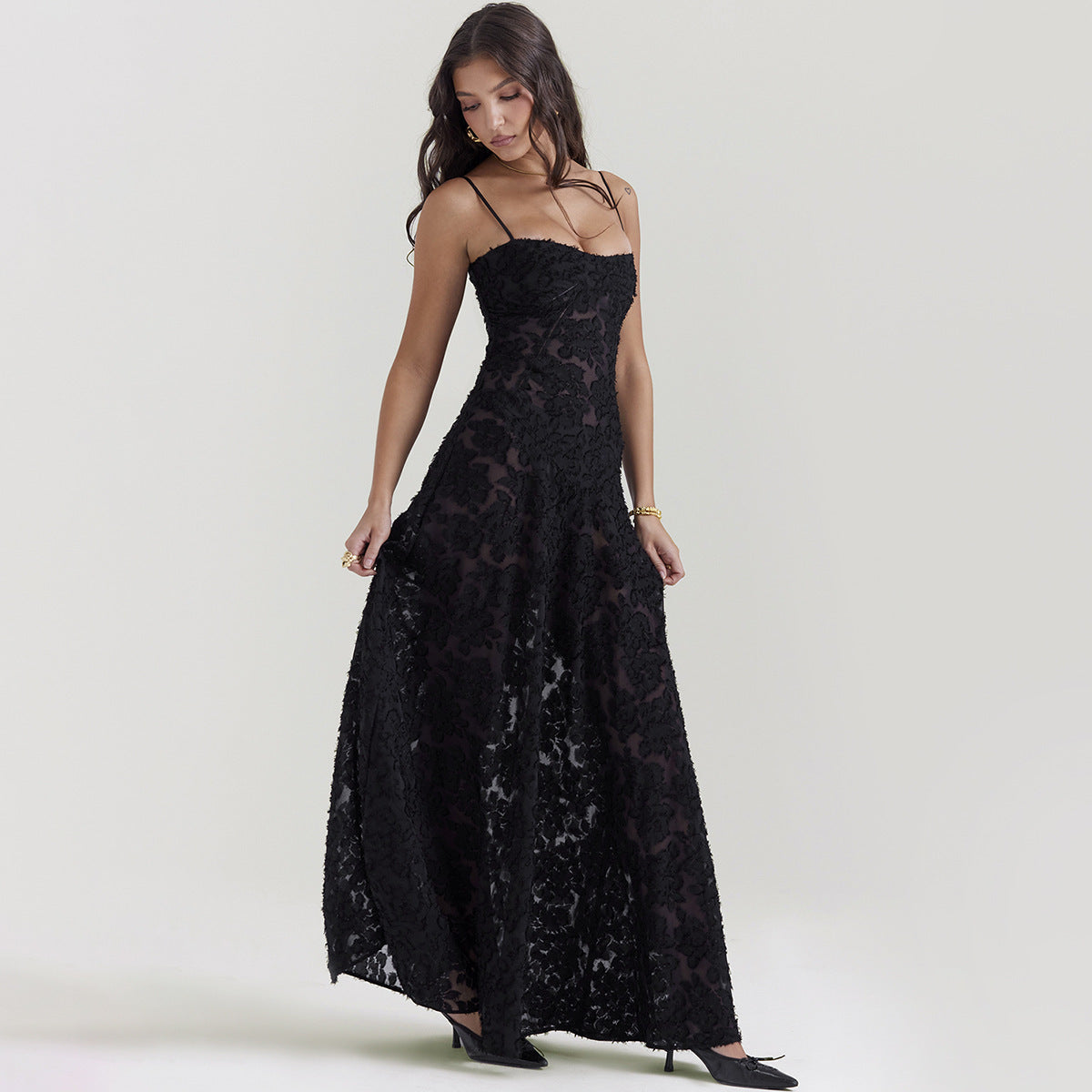 Suspender Lace Long Dress With Strapless Collar