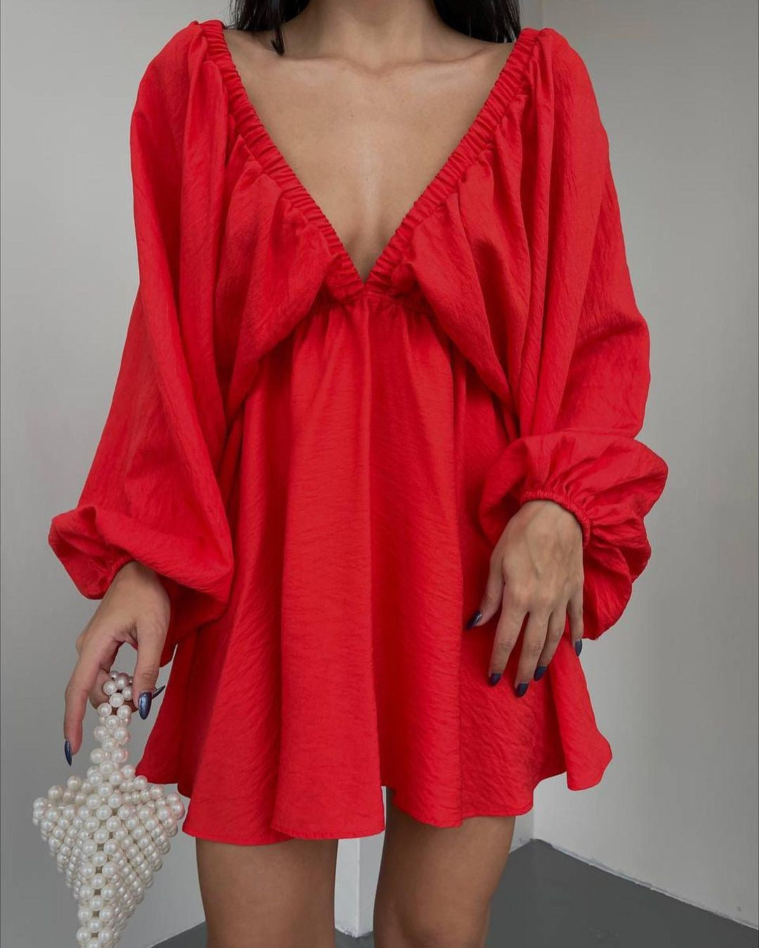 V Neck Lantern Sleeve Dress With Pleated Skirt