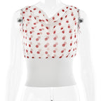 Polka Dot Chiffon Patchwork Crop Top With Oblique Shoulder Backless