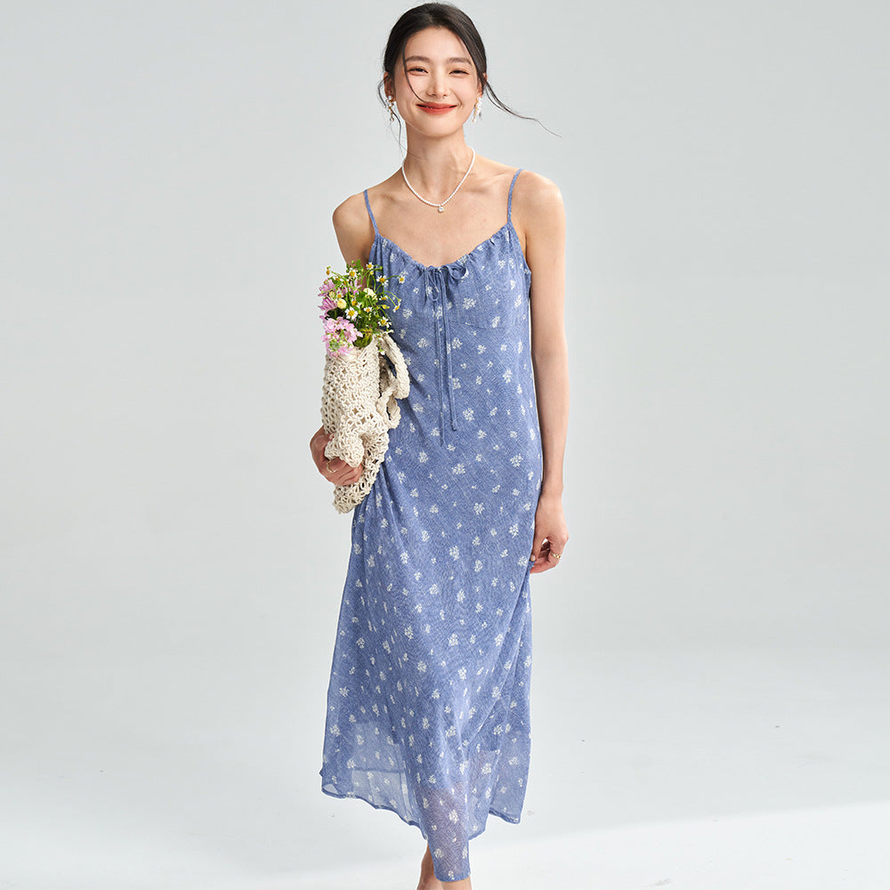 Spaghetti Strap Floral Print Dress In Gray And Blue With Long A Line