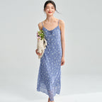 Spaghetti Strap Floral Print Dress In Gray And Blue With Long A Line