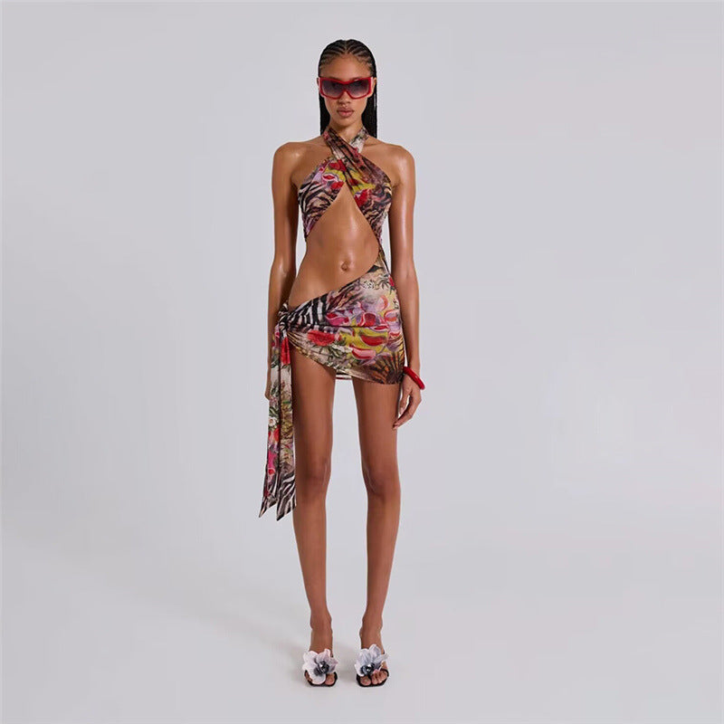 Sunlit Ribbon Print Dress With High Waist