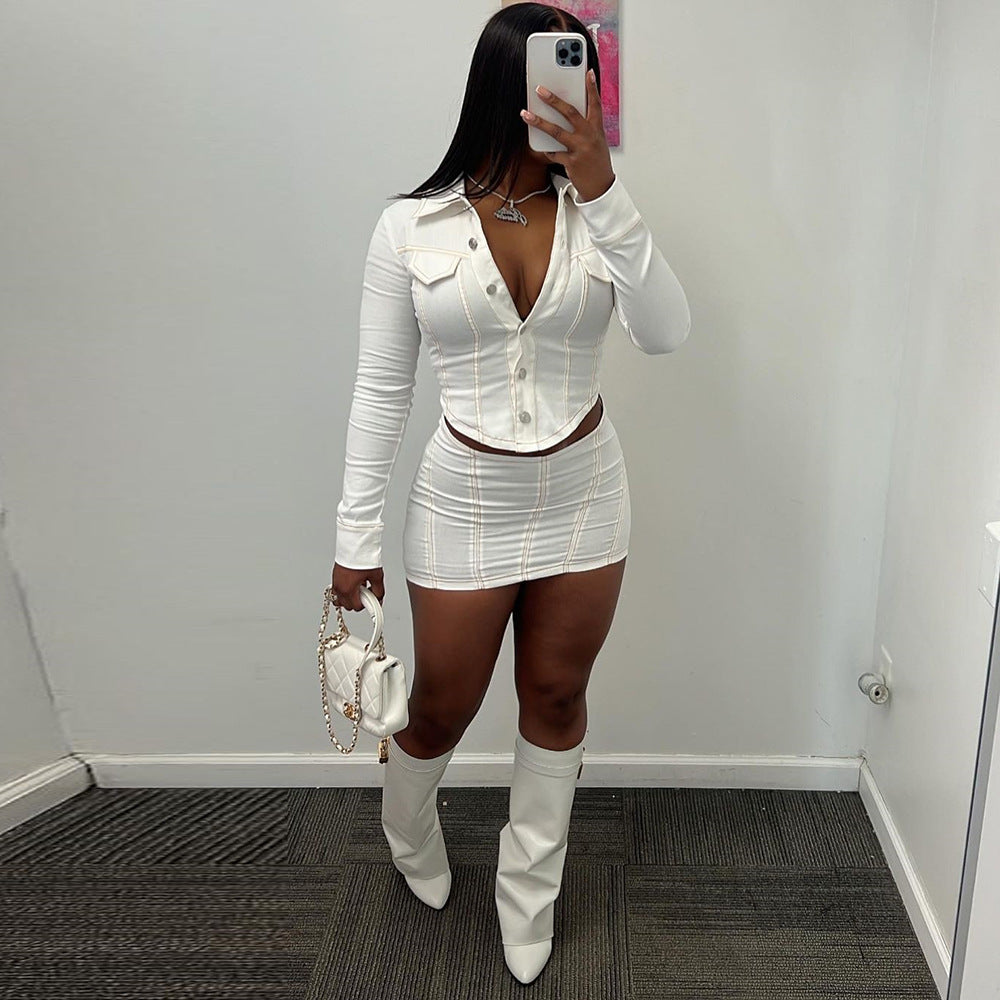 Chic Short Two Piece Skirt Set Solid Color Black White