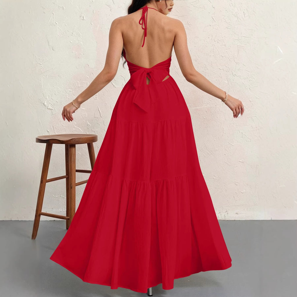 Backless Halter Neck A-Line Maxi Dress With Pleated Skirt For Beach Vacation