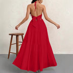 Backless Halter Neck A-Line Maxi Dress With Pleated Skirt For Beach Vacation