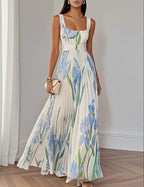 Floral Print Pleated A-Line Sleeveless Midi Dresses