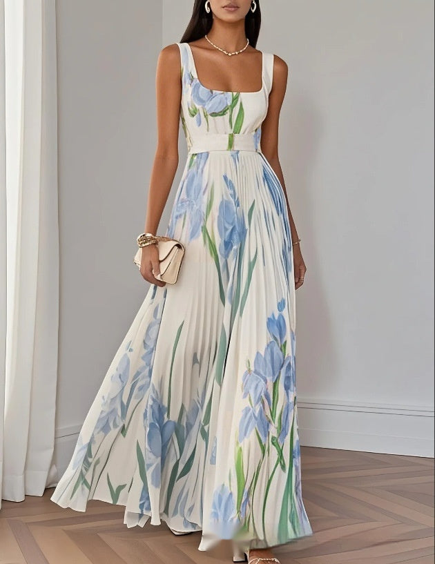 Floral Print Pleated A-Line Sleeveless Midi Dresses